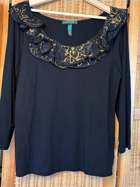 Ralph Lauren Black Long-Sleeve Top with Gold Floral Ruffle size L